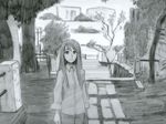  artist_request ayase_asagi closed_mouth day grass greyscale jacket long_hair long_sleeves looking_at_viewer monochrome outdoors pants plant sleeve_cuffs smile solo stairs standing sunlight tree wallpaper yotsubato! 