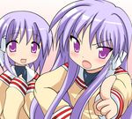  clannad company_connection cosplay fujibayashi_kyou fujibayashi_kyou_(cosplay) fujibayashi_ryou fujibayashi_ryou_(cosplay) highres hiiragi_kagami hiiragi_tsukasa hikarizaka_private_high_school_uniform kyoto_animation lucky_star multiple_girls namamo_nanase parody purple_eyes purple_hair school_uniform siblings sisters twins 