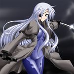  blue_bodysuit bodysuit brown_eyes cinque_(nanoha) eyepatch kanten katana long_hair lyrical_nanoha mahou_shoujo_lyrical_nanoha_strikers numbers'_uniform numbers_(nanoha) silver_hair solo sword trench_coat weapon 