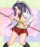  artist_request black_bow black_hair black_legwear blouse bow checkered checkered_skirt cherry_blossoms haruka_(sister_princess) leaf long_hair looking_at_viewer plait purple_eyes red_bow rod shirt sister_princess skirt smile solo striped striped_background white_shirt 