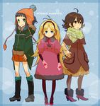  ahoge antenna_hair bangs beanie black_hair blonde_hair blunt_bangs brown_hair coat full_body green_eyes hat long_sleeves looking_at_viewer miniskirt multiple_girls original pantyhose pleated_skirt pom_pom_(clothes) red_skirt scarf skirt standing ukke winter_clothes winter_coat 