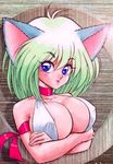  akira_m animal_ears blue_eyes breasts cat_ears choker copyright_request green_hair huge_breasts solo 