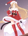  animal_ears bare_shoulders belt black_gloves blonde_hair blush breasts brown_eyes cat_ears cat_tail christmas cleavage detached_sleeves dress dutch_angle fur_trim gloves hand_on_hip hat koshikawa_guu long_hair medium_breasts original pom_pom_(clothes) red_legwear sack santa_costume santa_hat smile snowing solo standing tail thighhighs upskirt very_long_hair wind zettai_ryouiki 