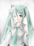  aqua_hair closed_mouth collared_shirt detached_sleeves grey_background grey_shirt hair_between_eyes hair_ornament hatsune_miku headphones long_hair looking_at_viewer necktie ogu shirt solo twintails upper_body vocaloid 