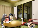  3girls blue_eyes brown_eyes brown_hair clannad fumio_(ura_fmo) game_cg grey_hair hairband kanako_(clannad) long_hair mishima_tomo multiple_girls okazaki_tomoya reading sakagami_tomoyo short_hair short_twintails skirt tomoyo_after twintails two_side_up 