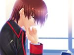  artist_request black_jacket brown_eyes brown_hair collar from_side gakuran game_cg indoors jacket little_busters! long_sleeves male_focus natsume_kyousuke profile school_uniform solo upper_body 