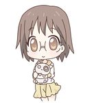  :d animal blush brown_eyes brown_hair chibi cowboy_shot dennou_coil densuke dog glasses holding looking_at_viewer mirai_(sugar) okonogi_yuuko open_mouth orange_eyes parted_lips rimless_eyewear round_eyewear short_hair skirt smile solo standing yellow_skirt 