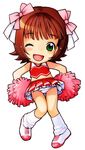  amami_haruka blush brown_hair cheerleader chibi frilled_panties frills green_eyes idolmaster idolmaster_(classic) idolmaster_1 nekomata_naomi one_eye_closed panties pantyshot solo underwear 