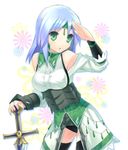  armor bare_shoulders blue_hair fantasy_earth_zero green_eyes hamamo headband simple_background solo standing sword thighhighs weapon 