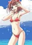  ;d amami_haruka armpits beach bikini breasts cleavage day idolmaster idolmaster_(classic) idolmaster_1 medium_breasts navel ocean oekaki one_eye_closed open_mouth outdoors red_bikini smile solo swimsuit takayaki wet 