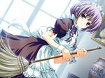  akatsuki_no_goei braid broom game_cg green_eyes maid purple_hair solo tomose_shunsaku tsuki_(akatsuki_no_goei) twin_braids 