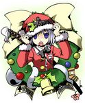  bell blue_eyes christmas flower ghost hat hitodama holly kannazuki_hato konpaku_youmu konpaku_youmu_(ghost) santa_costume short_hair silver_hair simple_background solo sword touhou weapon wreath 