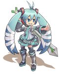  :3 antenna_hair aqua_hair armor blush boots chan_co chibi detached_sleeves full_body hatsune_miku long_hair microphone shield smile solo standing sword thighhighs twintails very_long_hair vocaloid weapon zettai_ryouiki 