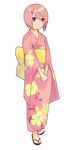 alternate_costume artist_request bangs closed_mouth floral_print full_body geta hair_between_eyes hair_ornament hairclip hands_together hibiscus_print japanese_clothes kairi_(kingdom_hearts) kimono kingdom_hearts kingdom_hearts_i long_sleeves obi pink_eyes pink_hair pink_kimono sash short_hair simple_background smile solo standing v_arms white_background wide_sleeves 