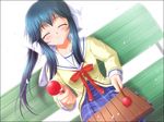  ^_^ bangs bench blue_hair closed_eyes da_capo da_capo_i dutch_angle facing_viewer game_cg instrument long_hair mallet_(instrument) mizukoshi_moe music nanao_naru playing_instrument school_uniform sitting smile xylophone 