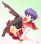  blush bun_cover double_bun feet himeyuri_sango panties purple_eyes purple_hair rakkyo school_uniform serafuku short_hair skirt solo striped striped_panties thighhighs to_heart_2 underwear 