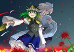  angeldust back back-to-back blue_eyes flower green_hair hat japanese_clothes multiple_girls night petals ribbon rod_of_remorse saigyouji_yuyuko shiki_eiki short_hair skirt spider_lily touhou wind 