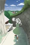  hitodama konpaku_youmu konpaku_youmu_(ghost) lilac_(p-f_easy) solo stairs stone_wall touhou village walking wall 