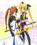  arm_belt bardiche belt blonde_hair blush energy_sword fate_testarossa gauntlets gloves huge_weapon interlocked_fingers lyrical_nanoha magazine_(weapon) magical_girl mahou_shoujo_lyrical_nanoha mahou_shoujo_lyrical_nanoha_a's mahou_shoujo_lyrical_nanoha_strikers multiple_girls no_jacket purple_eyes raising_heart red_eyes red_hair staff sword takamachi_nanoha thighhighs twintails weapon yone 