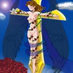  1girl bdsm bondage bound breasts brown_hair cross eyes_closed flower kamikaze_kaito_jeanne kamikaze_kaitou_jeanne kusakabe_maron maron_kusakabe maruze_circus nude rose wings 