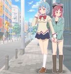  blue_eyes blue_hair bow casual denim denim_shorts hair_bow hair_ornament hairclip holding_hands hood hoodie mahou_shoujo_madoka_magica miki_sayaka minato_(leap-up) multiple_girls red_eyes red_hair sakura_kyouko school_uniform short_hair shorts 