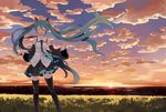  aqua_hair bad_id bad_pixiv_id banned_artist bare_shoulders black_legwear closed_eyes cloud detached_sleeves grass harano hatsune_miku long_hair nail_polish necktie open_mouth pleated_skirt skirt sky solo sunset thighhighs twintails very_long_hair vocaloid wind zettai_ryouiki 