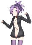  blush bottomless breasts hair_ornament hairclip headphones headphones_around_neck highres hood hood_down hoodie jacket naked_hoodie navel open_clothes open_jacket open_mouth original paw_pose purple_eyes purple_hair ricegnat short_hair sideboob small_breasts solo thighhighs 
