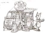  apron canine clothing cub dessert disney female fennec finnick food food_truck fox greyscale group ice_cream kit-ray-live male mammal monochrome nick_wilde pawpsicle pencil_(artwork) popsicle simple_background traditional_media_(artwork) truck vehicle white_background young zootopia 