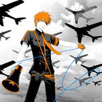  aircraft airplane bleach cable gloves koi_wa_sensou_(vocaloid) kurosaki_ichigo male_focus megaphone necktie orange_hair parody silhouette vocaloid white_skin 