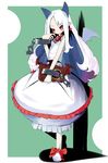  albino black_sclera bubble_skirt dress full_body green_background horns long_hair pale_skin phantom_kingdom pointy_ears pram red_eyes saikoro0306 shoes skirt smile solo white_hair 