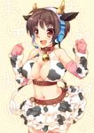  animal_ears animal_print arm_warmers bell bell_collar bikini_top blush breasts brown_eyes brown_hair cleavage collar cow_ears cow_horns cow_print cow_tail ech elbow_gloves fake_animal_ears gloves headset horns idolmaster idolmaster_cinderella_girls large_breasts midriff navel oikawa_shizuku open_mouth pink_gloves pink_legwear skirt smile solo tail thighhighs zettai_ryouiki 