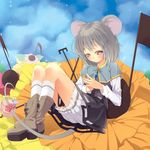  animal_ears bad_id bad_pixiv_id basket bloomers blush boots capelet chika_(orange_pop) dress flower grey_hair jewelry mouse mouse_ears mouse_tail musical_note nazrin red_eyes short_hair sitting sky smile solo steepled_fingers tail touhou underwear 