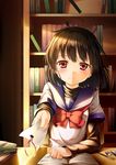  ahoge bad_id bad_pixiv_id blush book bookmark brown_hair highres original red_eyes school_uniform solo yuuri_nayuta 