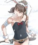  animal_ears armor armpits bandages belt bow brown_hair bunny_ears bunnysuit carrot copyright_request flat_chest lips red_eyes solo sword tnt_(aaaazzzz) weapon 
