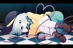  checkered checkered_floor dise fetal_position full_body green_eyes hat hat_ribbon heart heart_of_string komeiji_koishi letterboxed looking_at_viewer lying on_ground on_side pantyhose ribbon shirt silver_hair skirt smile solo third_eye tile_floor tiles touhou white_legwear 