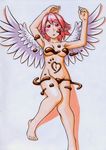  alternate_wings animal_ears arm_above_head armpits barefoot blush breasts chocolate collarbone food food_on_face heart kawachi_koorogi lying marker_(medium) medium_breasts mystia_lorelei naked_chocolate navel nude on_back pink_hair red_eyes short_hair solo touhou traditional_media wings 