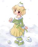  bad_id bad_pixiv_id bare_shoulders blonde_hair dress full_body looking_back mizuno_mumomo original pants red_eyes short_hair smile snow snow_bunny solo twintails two_side_up white_background yellow_dress 