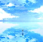  bird blue blue_hair cloud day dress from_behind highres horizon kabuchi_hina long_hair original outdoors reflection ripples salt_flats scenery sky solo standing standing_on_liquid thighhighs toubina twintails water white_legwear 