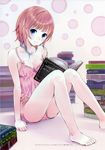  :3 absurdres atelier_(series) atelier_rorona bare_shoulders barefoot blue_eyes book breasts cleavage face feet highres kishida_mel legs looking_at_viewer multicolored_hair pajamas red_hair rororina_fryxell short_hair sitting small_breasts smile solo strap_slip 