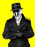  cravat gloves hat male_focus mask monochrome no7 oekaki rorschach simple_background solo tegaki trench_coat watchmen yellow_background 