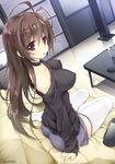  antenna_hair breasts brown_hair choker collarbone covered_nipples eyebrows_visible_through_hair handheld_game_console impossible_clothes indoors large_breasts long_hair looking_at_viewer off_shoulder open_mouth original playstation_portable shorts sitting solo thighhighs white_legwear won_(az_hybrid) yokozuwari 