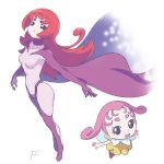  2girls :d black_eyes bodysuit breasts cape chibi commentary_request copyright_request flying long_hair looking_at_viewer multiple_girls open_mouth parted_lips purple_cape red_hair reiesu_(reis) simple_background small_breasts smile white_background 