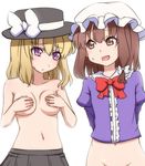  blonde_hair bottomless bow breasts brown_eyes brown_hair collarbone cosplay costume costume_switch covering covering_breasts groin hair_bow hat hat_bow maribel_hearn maribel_hearn_(cosplay) multiple_girls navel open_mouth out-of-frame_censoring purple_eyes simple_background skirt small_breasts sweat topless tori_(minamopa) touhou usami_renko usami_renko_(cosplay) white_background white_bow 