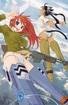  animal_ears antenna_hair ass assault_rifle black_hair blue_eyes breasts bunny_ears cat_ears charlotte_e_yeager cloud cloudy_sky dark_skin flat_chest flying francesca_lucchini gun highres jason_robinson large_breasts left-handed looking_at_viewer m1918_bar machine_gun multiple_girls orange_hair panties rifle salute sky strike_witches striker_unit striped striped_panties tail underwear weapon world_witches_series 