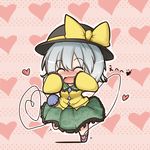  blush bow chibi closed_eyes dekasudachin floral_print full_body hands_on_own_cheeks hands_on_own_face hat hat_bow heart heart_of_string komeiji_koishi open_mouth shirt short_hair silver_hair skirt smile solo standing standing_on_one_leg third_eye touhou 