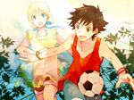  1girl ahoge artoria_pendragon_(all) bad_id bad_pixiv_id ball black_eyes black_hair blonde_hair casual child dress emiya_kiritsugu fate/zero fate_(series) green_eyes hair_ribbon matsuko ribbon saber shorts soccer_ball sundress tank_top telstar time_paradox younger 