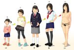  age_progression bad_id bad_pixiv_id barefoot black_hair breasts child directional_arrow hair_bobbles hair_ornament hand_on_hip hentai_oyaji highres kneehighs leggings lips navel nipples open_mouth original school_uniform short_hair skirt small_breasts smile standing thighhighs topless translated twintails 