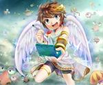  :d angel azumi_(tks-sd) belunka blue_eyes bracer brown_hair commyloose company_connection ears foreshortening handheld_game_console kid_icarus kid_icarus_uprising komayto looking_at_viewer male_focus metroid monoeye nintendo_3ds open_mouth pit_(kid_icarus) sky smile solo specknose stylus teeth wings 