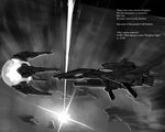  commentary english english_commentary force_(r-type) greyscale irem jason_robinson monochrome no_humans poem r-9r_iii_sleepless_night r-type science_fiction space_craft starfighter 