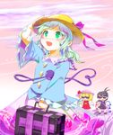  ahoge alternate_headwear asymmetrical_wings black_hair blonde_hair blush chamaruku cosplay dress flandre_scarlet floral_print green_eyes green_hair hand_on_headwear hat heart heart_of_string houjuu_nue komeiji_koishi komeiji_satori komeiji_satori_(cosplay) long_hair multiple_girls open_mouth short_hair silver_hair skirt smile stage_connection suitcase sunglasses third_eye touhou wind wings 